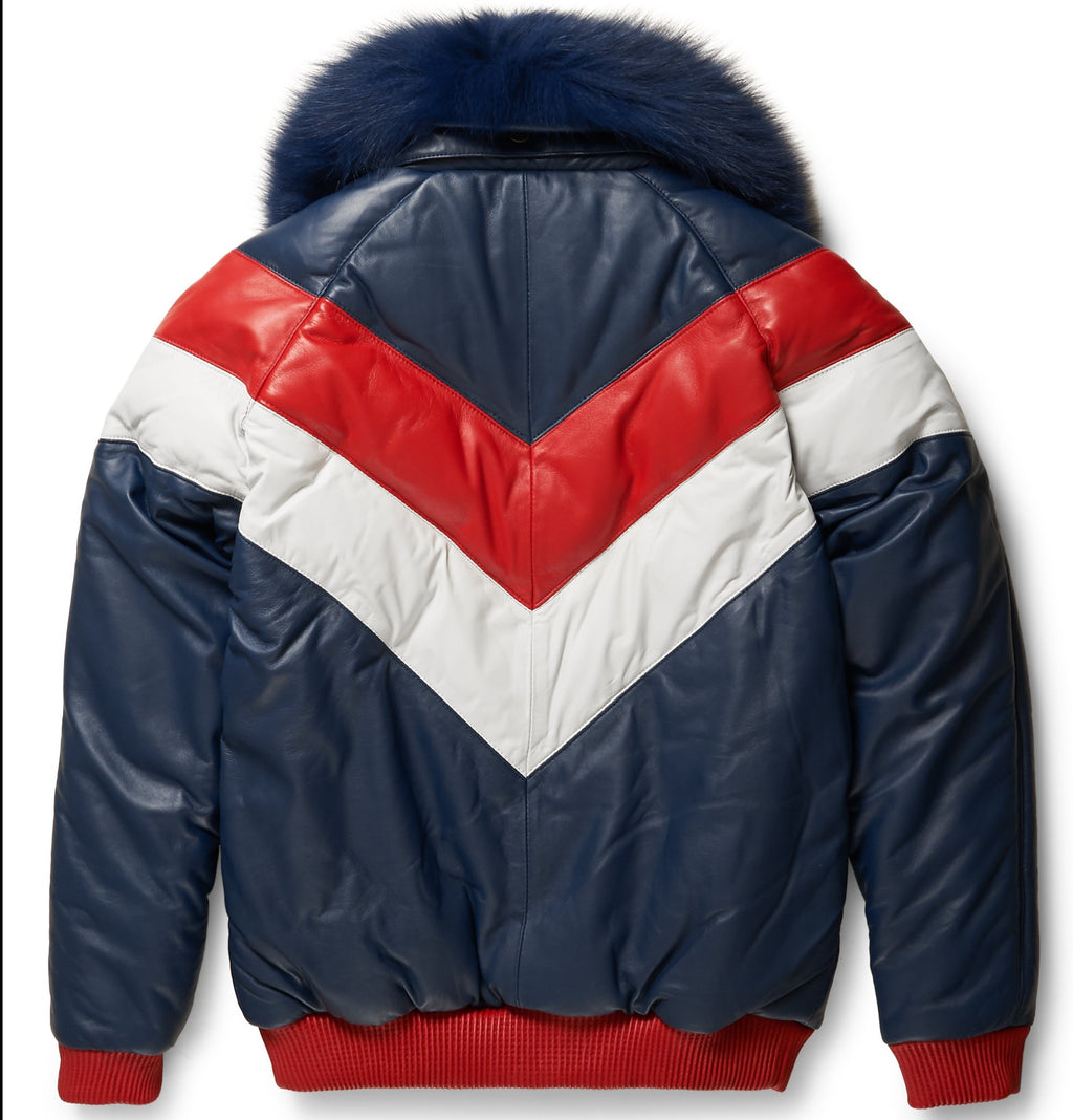 Two-Tone Leather V-Bomber Jacket - Shearling leather