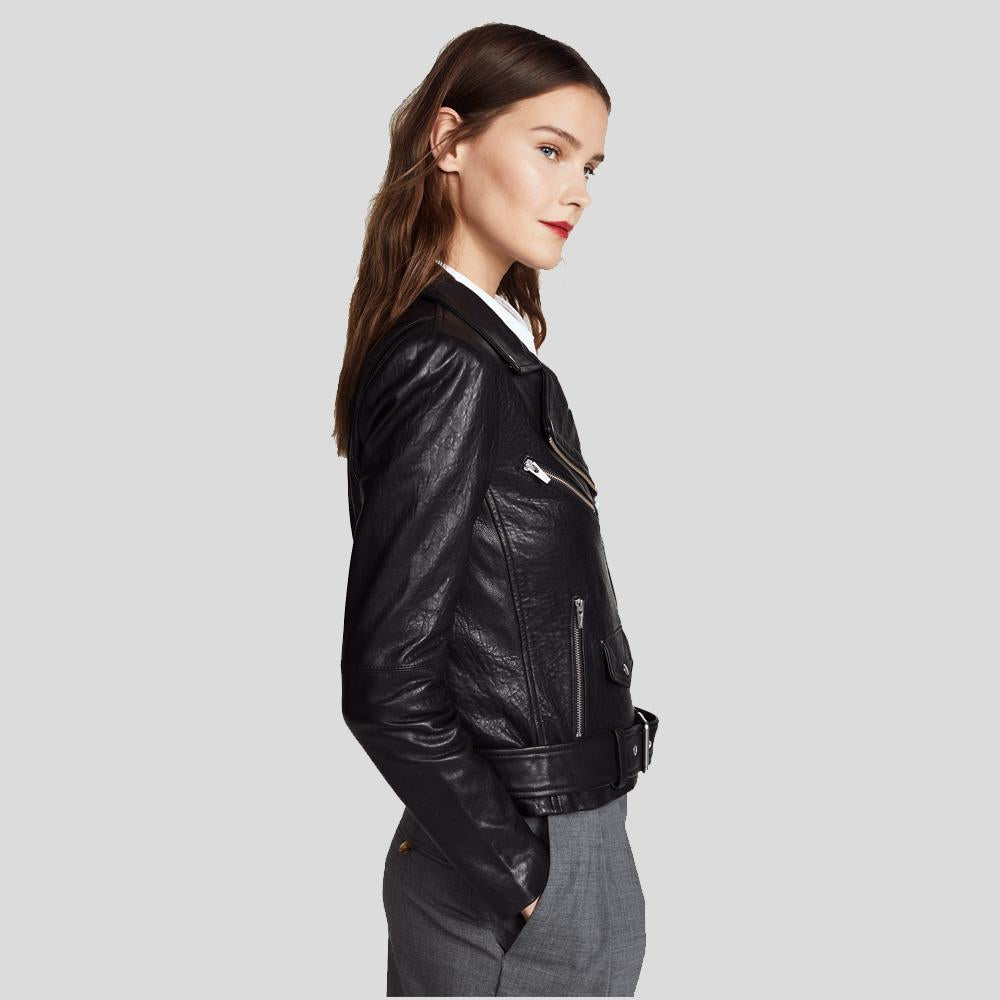 Vienna Black Biker Leather Jacket - Shearling leather