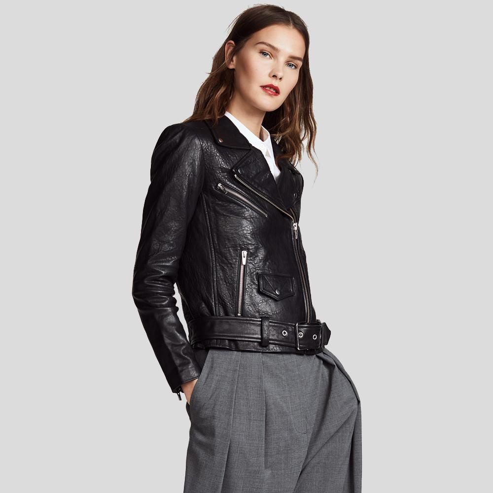 Vienna Black Biker Leather Jacket - Shearling leather