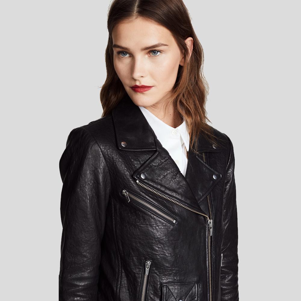 Vienna Black Biker Leather Jacket - Shearling leather