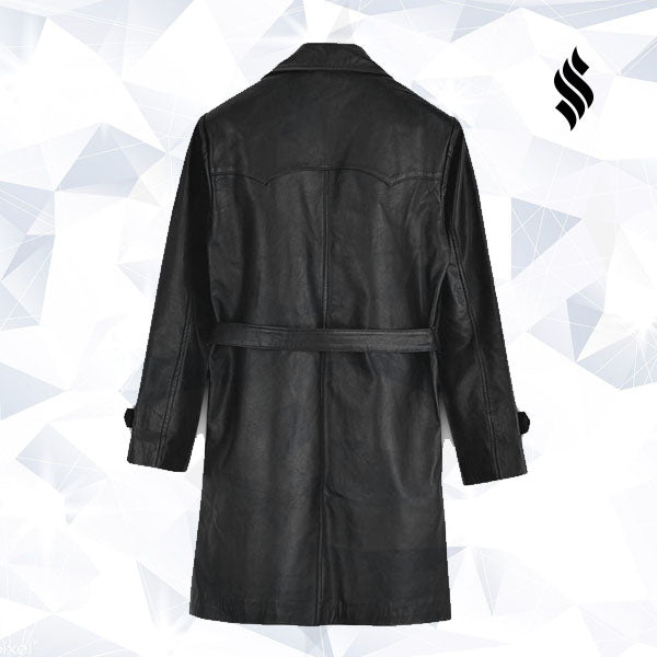 Vintage Trench Coat | Classic Black Leather Trench Coat | Long Coat