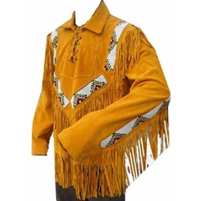 Western Men Cowboy Suede Jacket, Tan Suede Leather Jacket With Fringes - Shearling leather