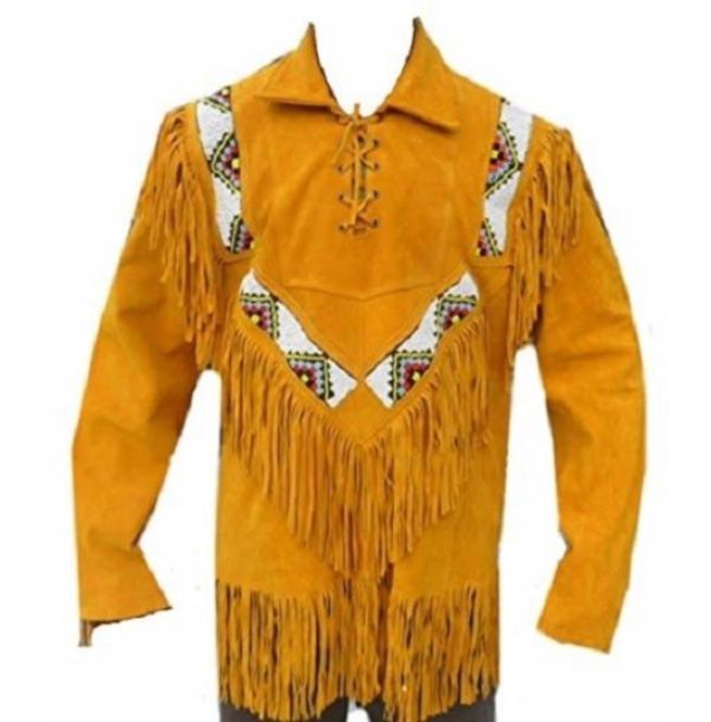 Western Men Cowboy Suede Jacket, Tan Suede Leather Jacket With Fringes - Shearling leather