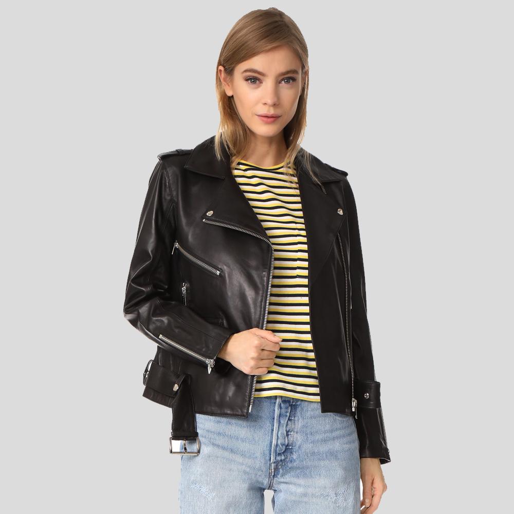 Whitley Black Biker Leather Jacket - Shearling leather