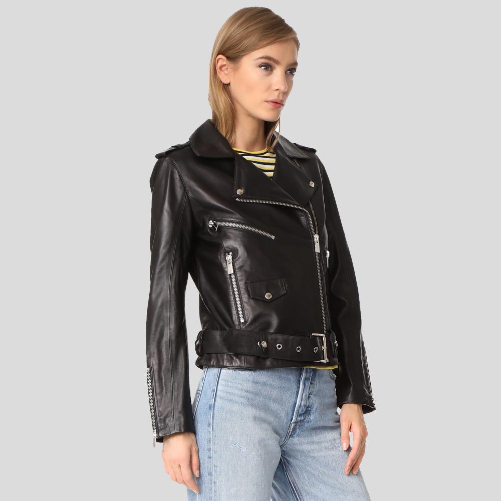 Whitley Black Biker Leather Jacket - Shearling leather