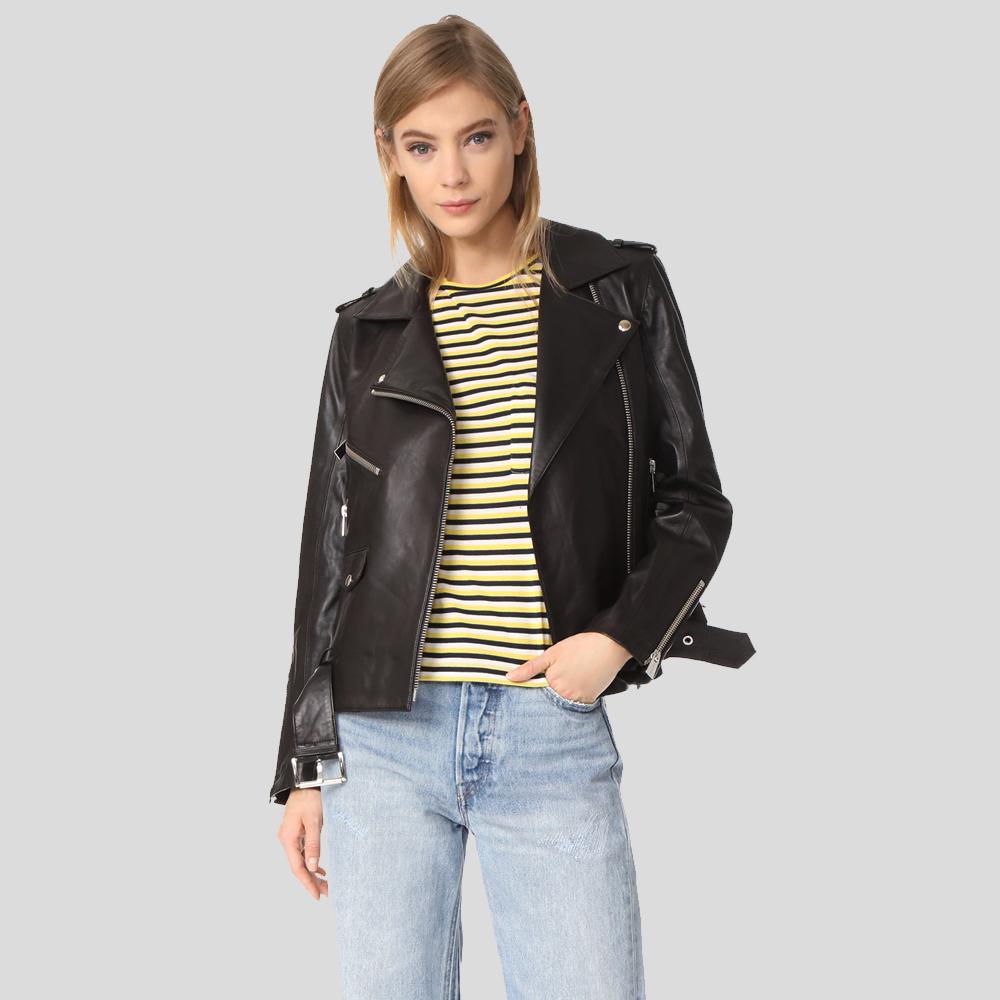 Whitley Black Biker Leather Jacket - Shearling leather