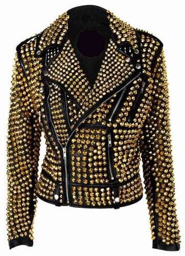 Woman Luxury Black Punk Golden Studded Cowhide Brando Leather Jacket - Shearling leather