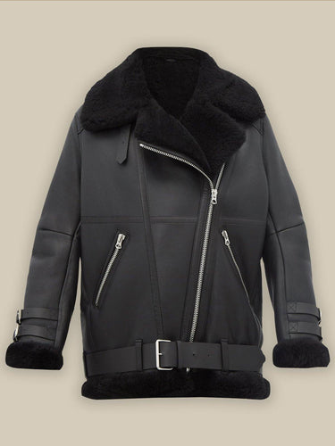 Women Pitch Black B3 Shearling Leather Jacket - Shearling leather