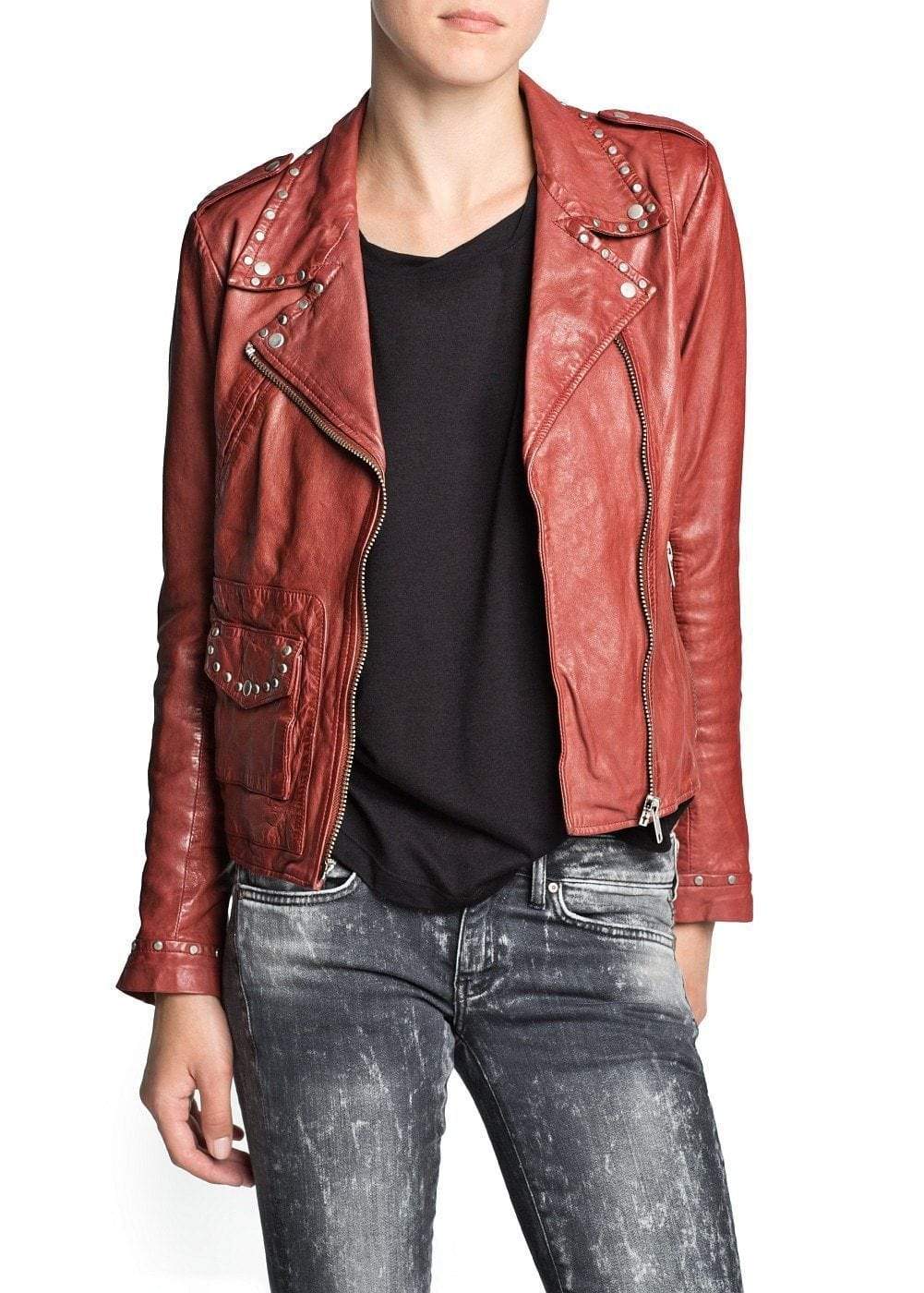 Women Red Genuine Real Leather Jacket Silver Studded Brando Style - Shearling leather