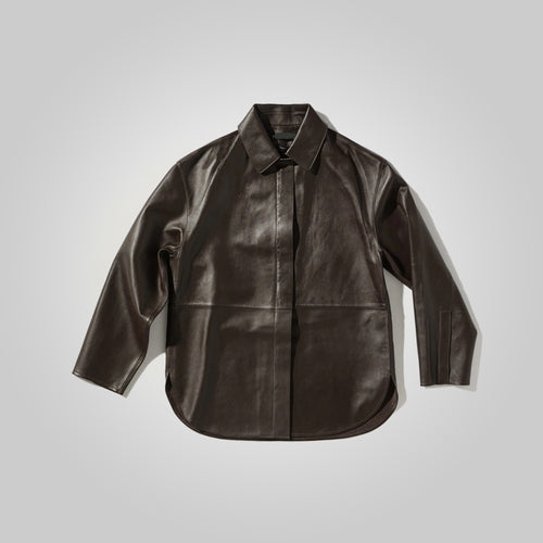 Women Brown Oversized Leather Shirt Styled Jacket