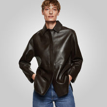 Load image into Gallery viewer, Women Brown Oversized Leather Shirt Styled Jacket
