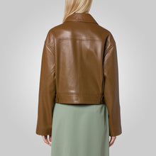 Load image into Gallery viewer, Women Brown Pointed Collar Plain Leather Jacket
