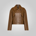 Women Brown Pointed Collar Plain Leather Jacket
