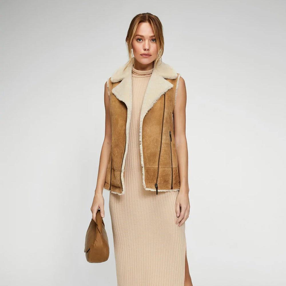 Women Brown Sheepskin Shearling Leather Vest 