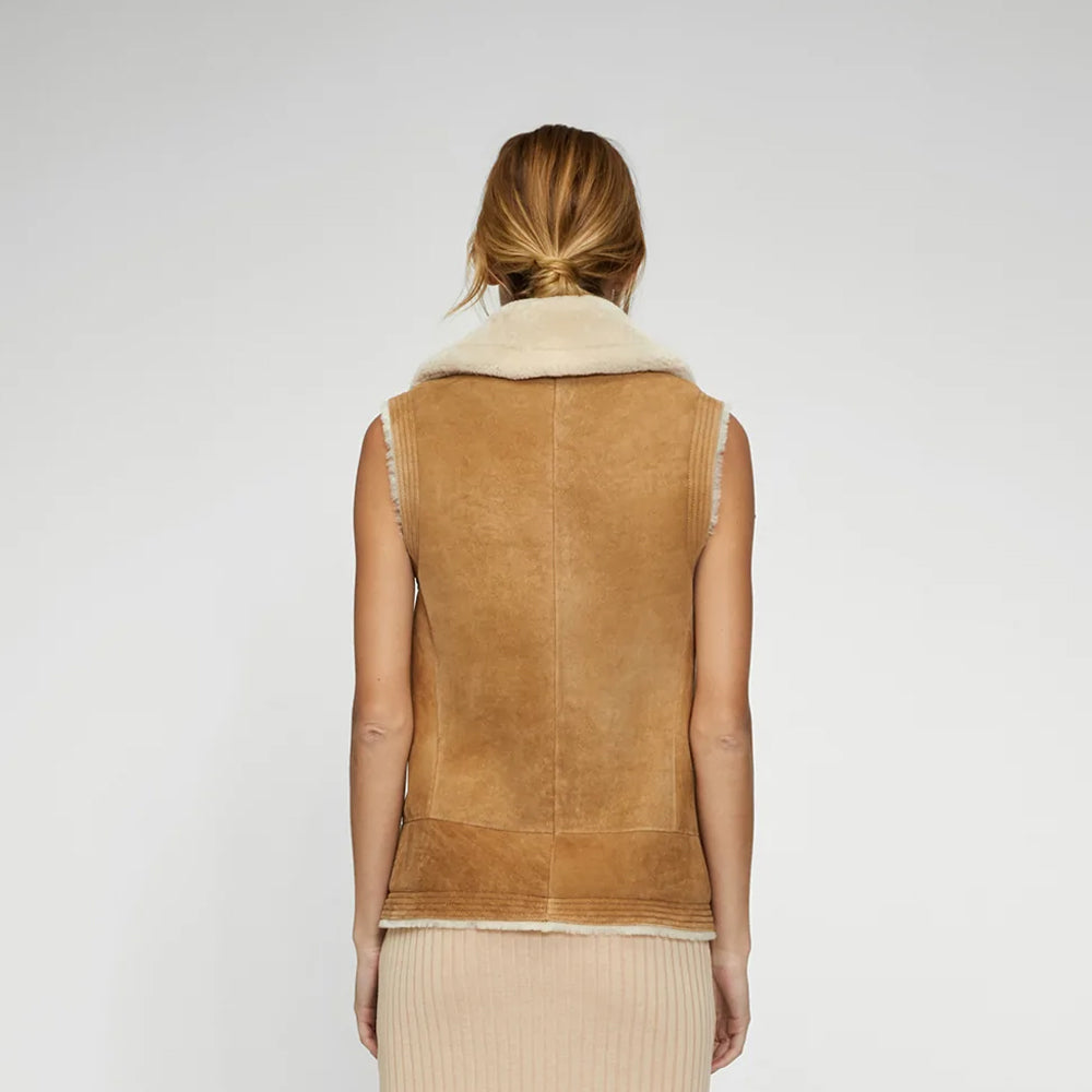 Women Brown Sheepskin Shearling Leather Vest 