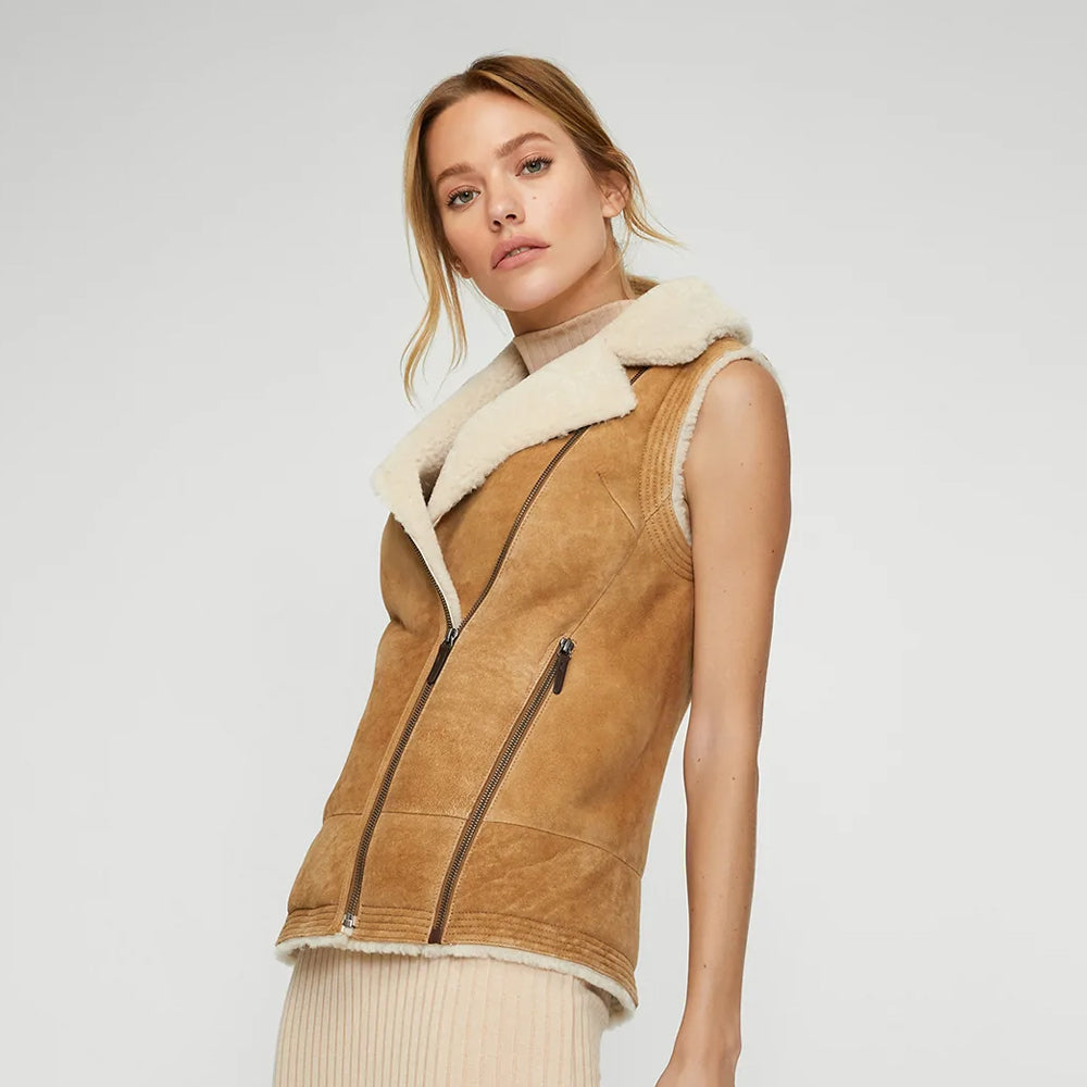 Women Brown Sheepskin Shearling Leather Vest 