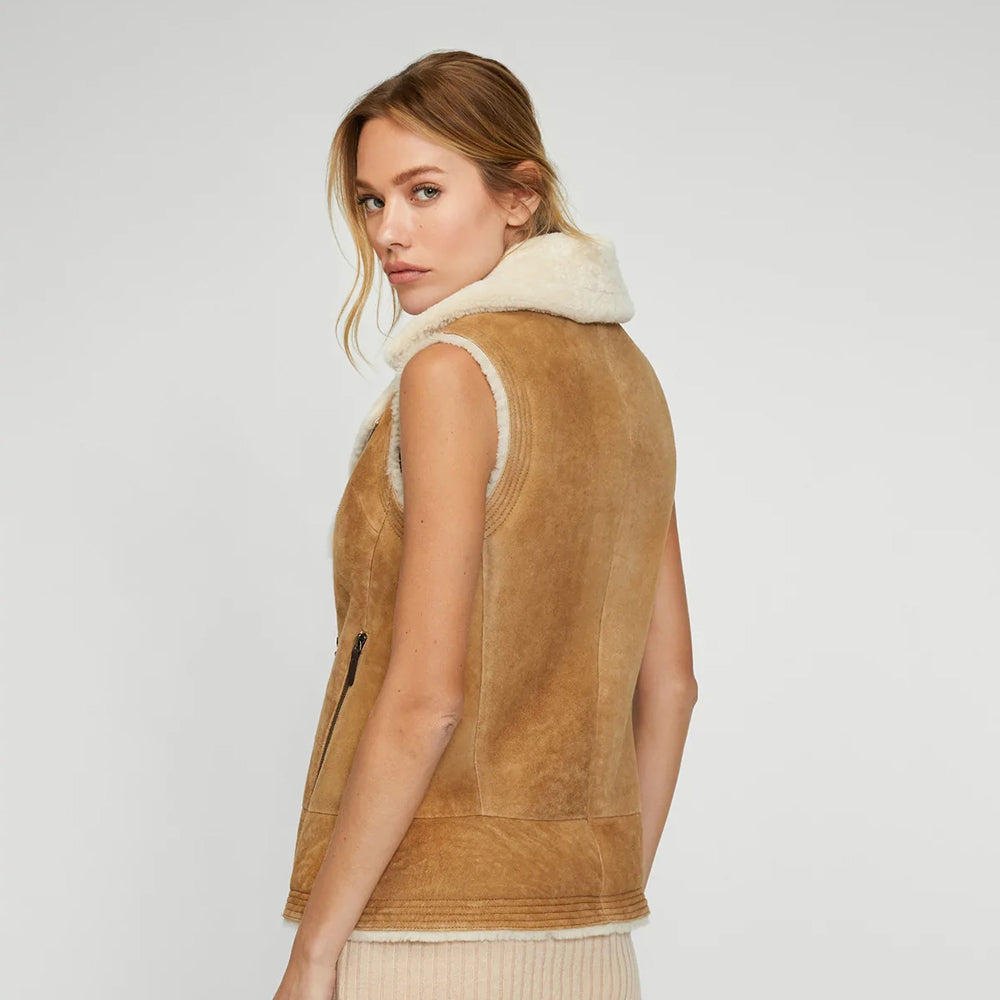 Women Brown Sheepskin Shearling Leather Vest 