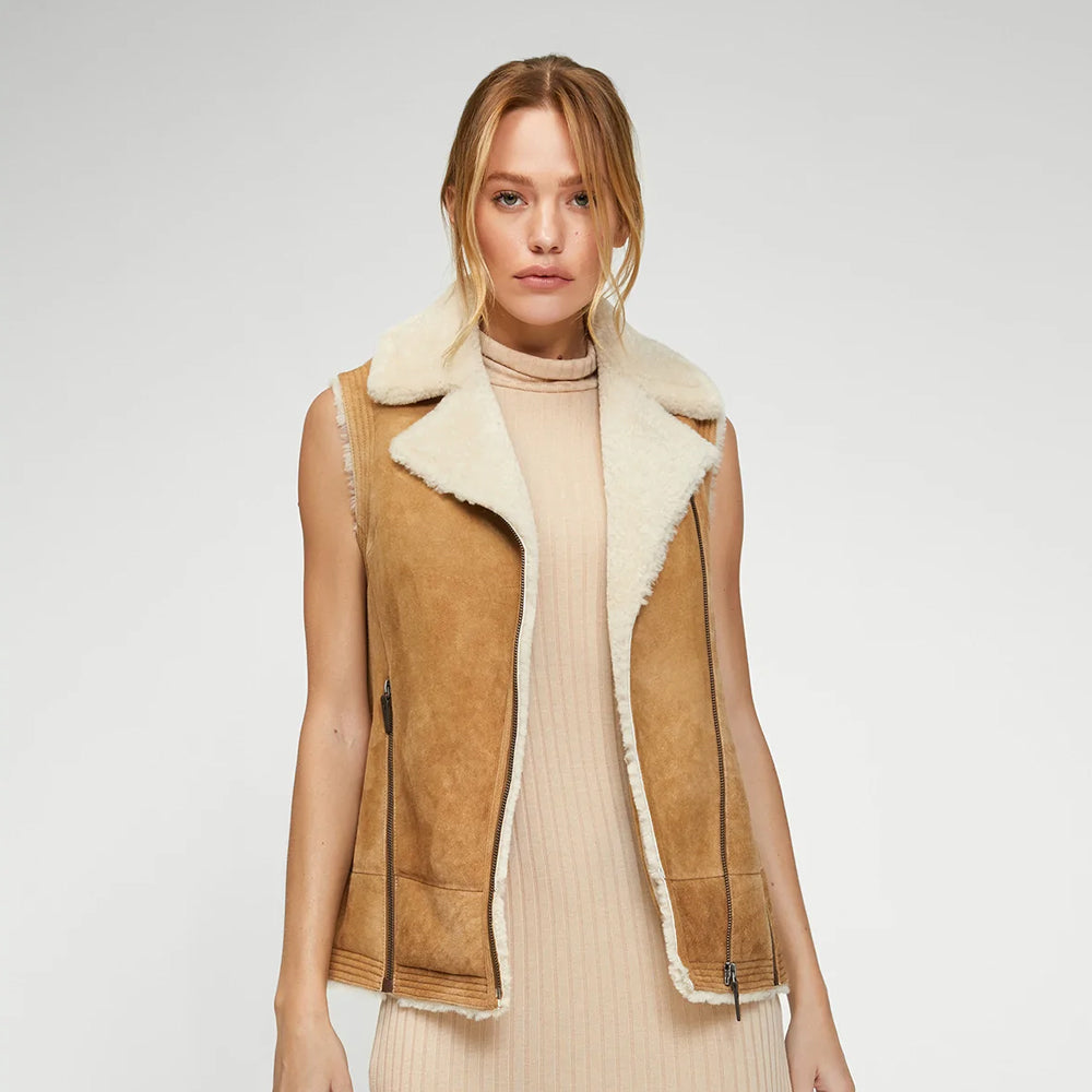 Women Brown Sheepskin Shearling Leather Vest 