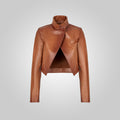 Women Cropped Goatskin Brown Leather Jacket