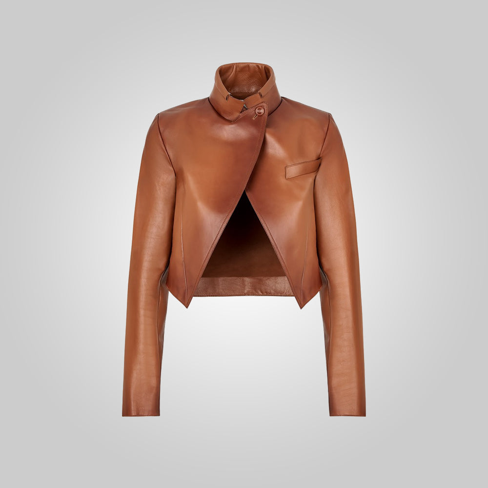 Women Cropped Goatskin Brown Leather Jacket