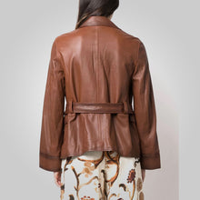 Load image into Gallery viewer, Women Goatskin Belted Brown Leather Jacket 

