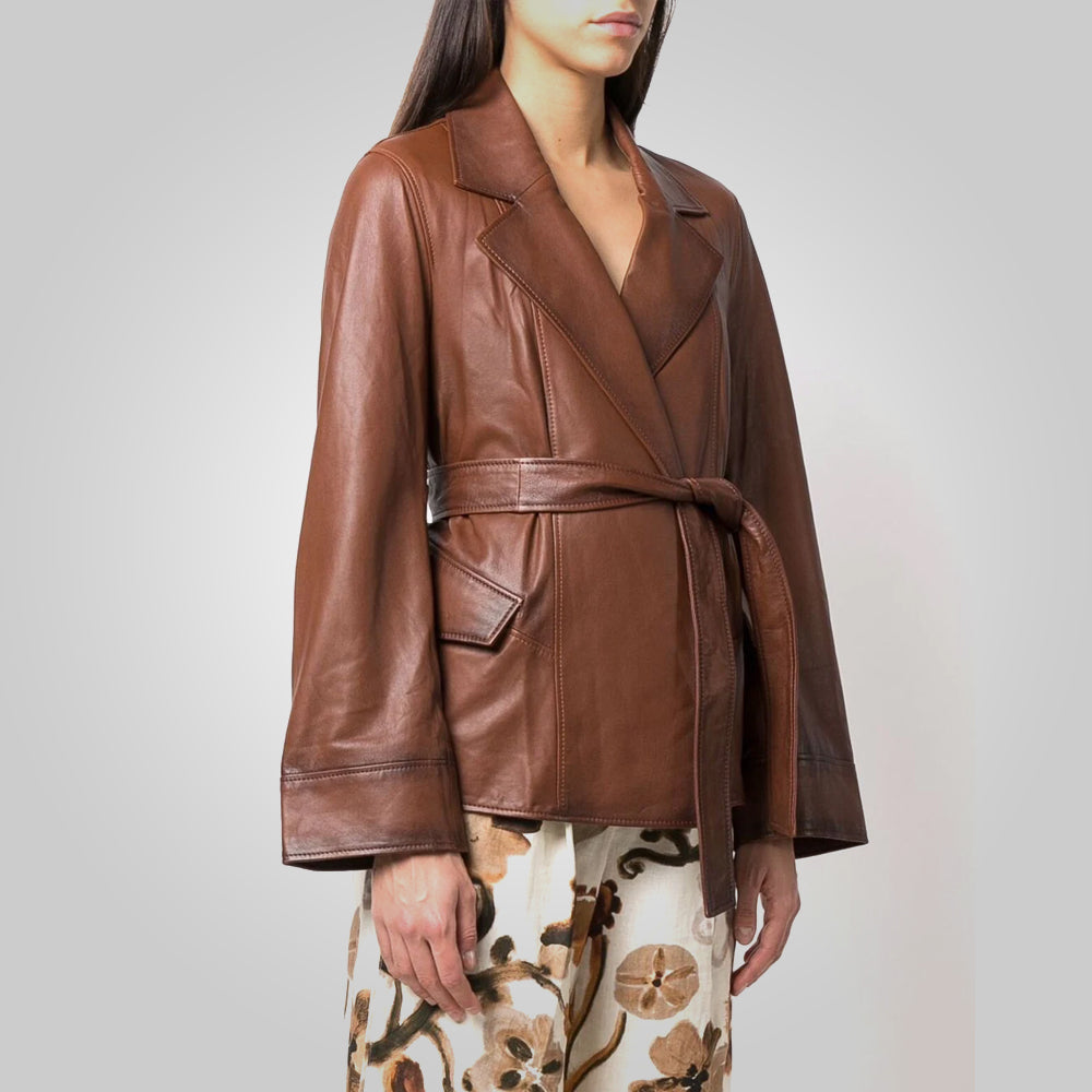 Women Goatskin Belted Brown Leather Jacket 