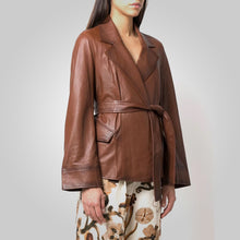 Load image into Gallery viewer, Women Goatskin Belted Brown Leather Jacket 
