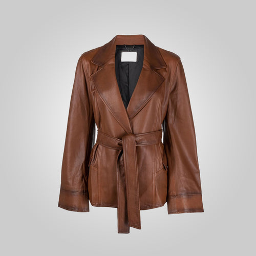 Women Goatskin Belted Brown Leather Jacket 