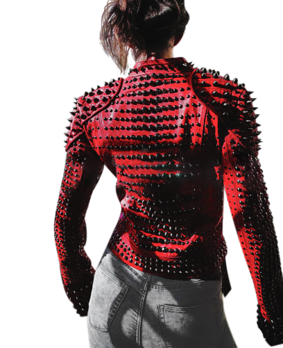 Women Motorcycle Punk Heavy Metal Spiked Tonal Black Studded Red Leather Jacke - Shearling leather