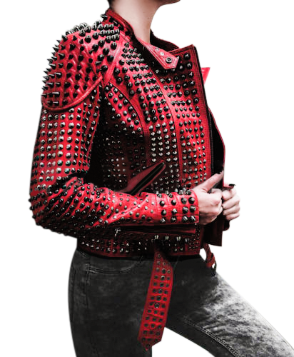 Women Motorcycle Punk Heavy Metal Spiked Tonal Black Studded Red Leather Jacke - Shearling leather
