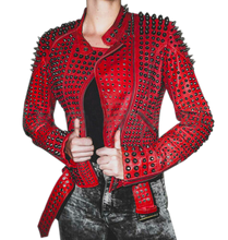 Load image into Gallery viewer, Women Motorcycle Punk Heavy Metal Spiked Tonal Black Studded Red Leather Jacket - Shearling leather
