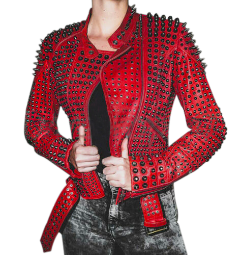Women Motorcycle Punk Heavy Metal Spiked Tonal Black Studded Red Leather Jacket - Shearling leather