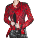 Women Motorcycle Punk Heavy Metal Spiked Tonal Black Studded Red Leather Jacke - Shearling leather
