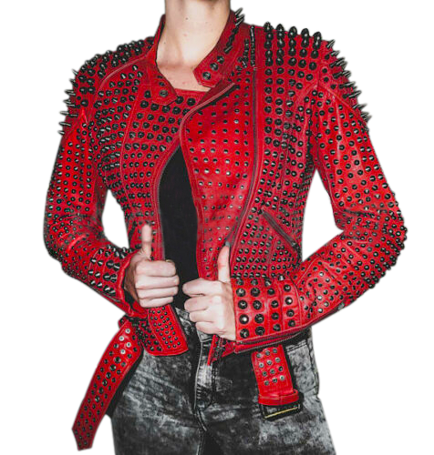 Women Motorcycle Punk Heavy Metal Spiked Tonal Black Studded Red Leather Jacke - Shearling leather