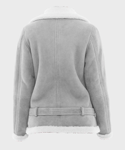 Load image into Gallery viewer, Women’s Belted Asymmetrical Shearling Grey Suede Leather Jacket
