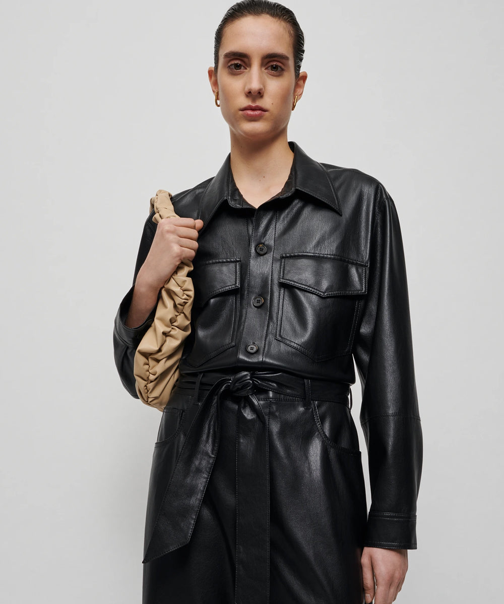 Women's Black Trucker Styled Utility Leather Dress Jumpsuit