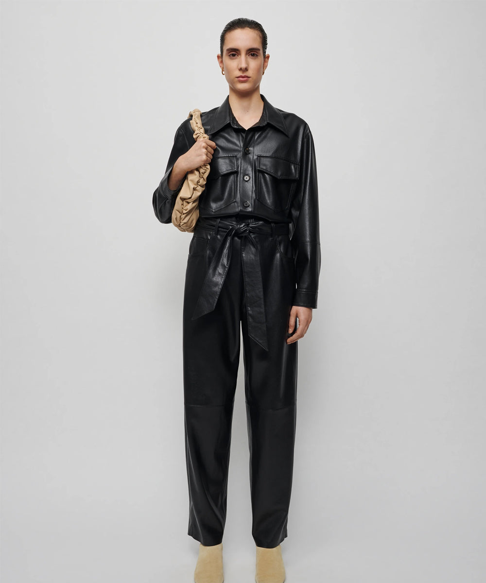 Women's Black Trucker Styled Utility Leather Dress Jumpsuit