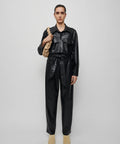 Women's Black Trucker Styled Utility Leather Dress Jumpsuit