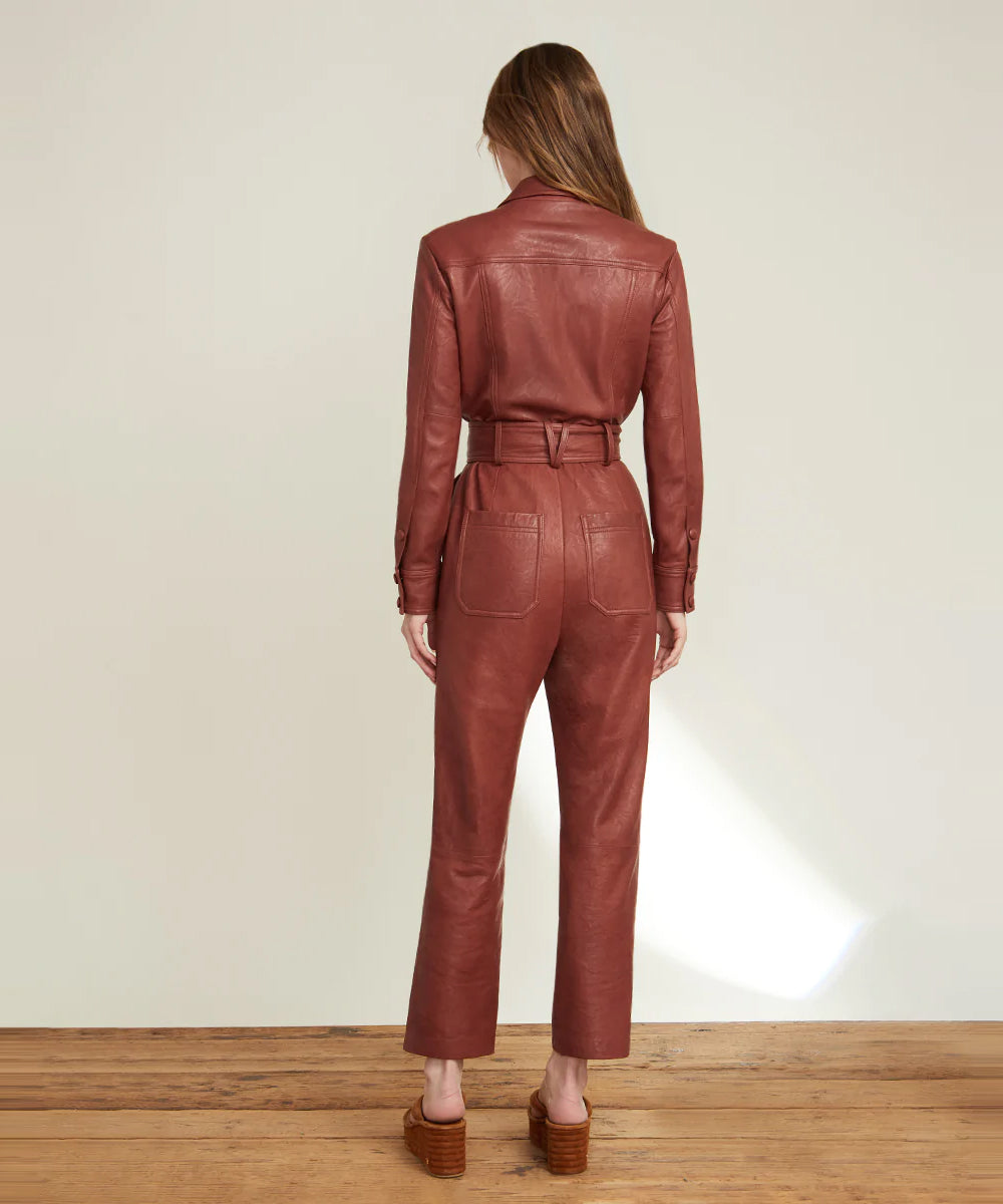 Women's Brown One Piece Belted Leather Jumpsuit