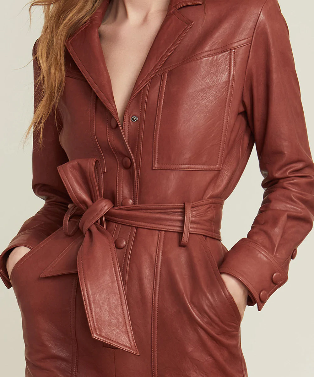 Women's Brown One Piece Belted Leather Jumpsuit