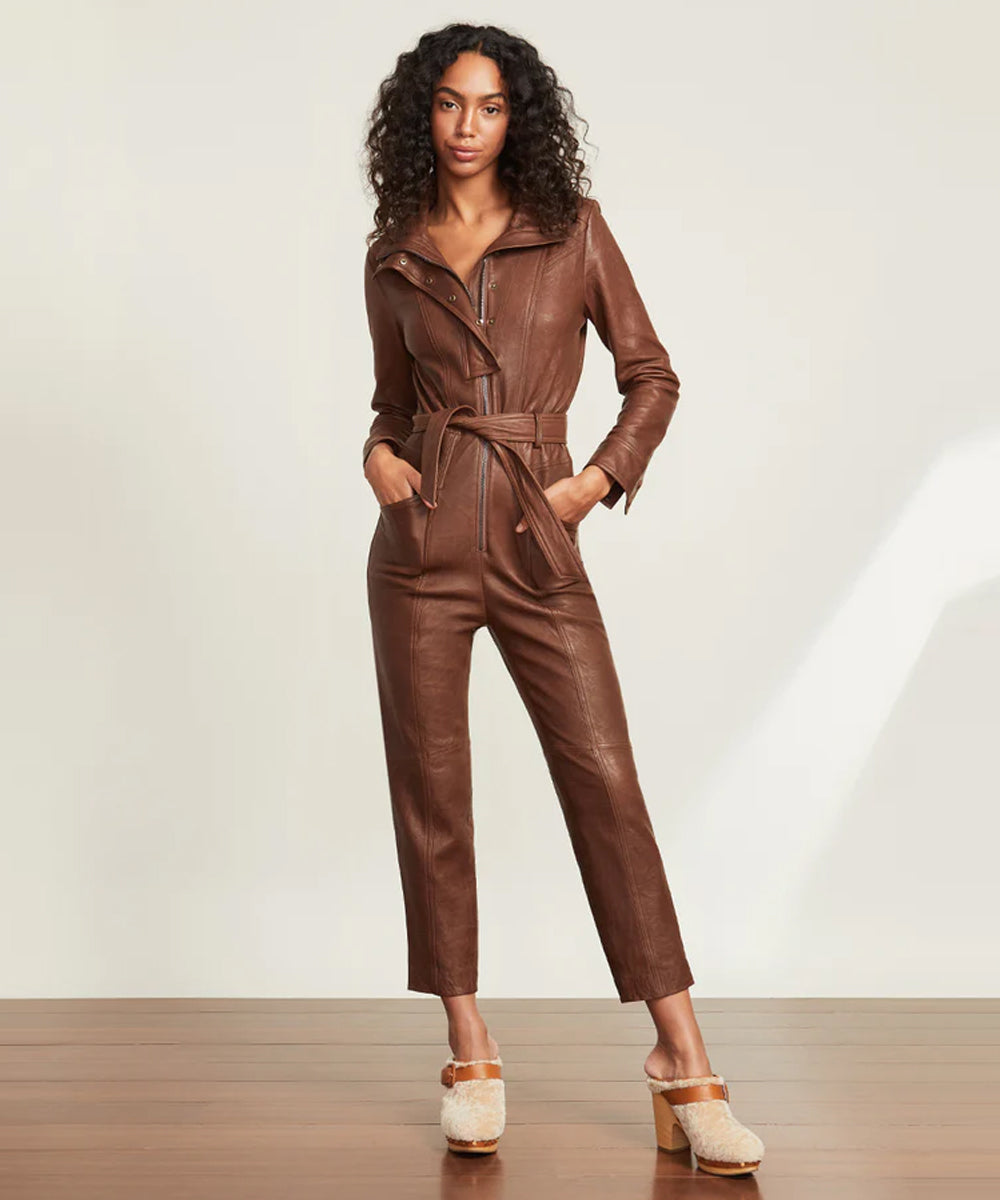 Women's Brown Utility Belted Leather jumpsuit