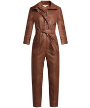 Load image into Gallery viewer, Women&#39;s Brown Utility Belted Leather jumpsuit
