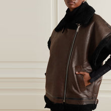 Load image into Gallery viewer, Women&#39;s Dark Brown Sheepskin Leather Black Shearling Vest
