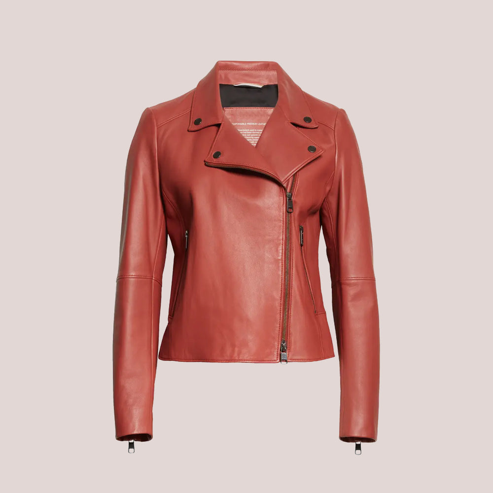 Women's Plain Red Leather Biker Jacket