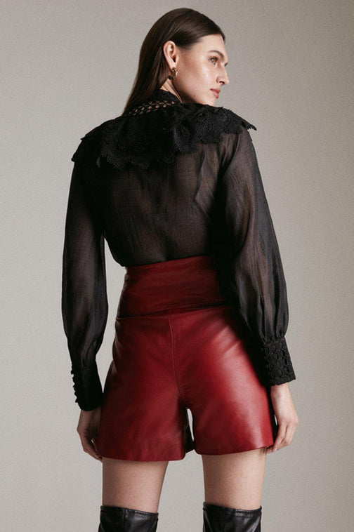 Women's Red High Waist Military Button Leather Shorts