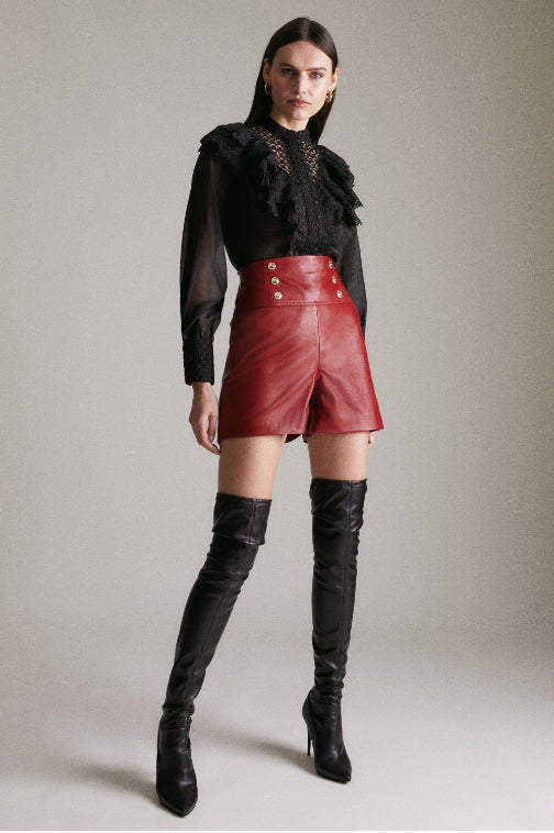 Women's Red High Waist Military Button Leather Shorts