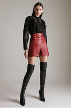 Load image into Gallery viewer, Women&#39;s Red High Waist Military Button Leather Shorts
