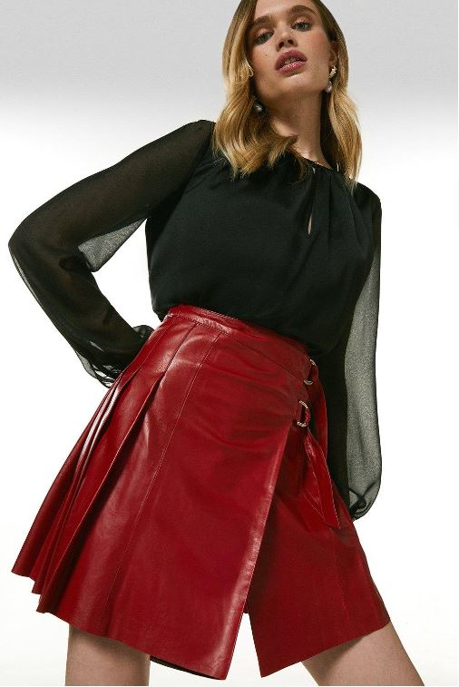 Women's Red Leather Buckle Kilt Skirt