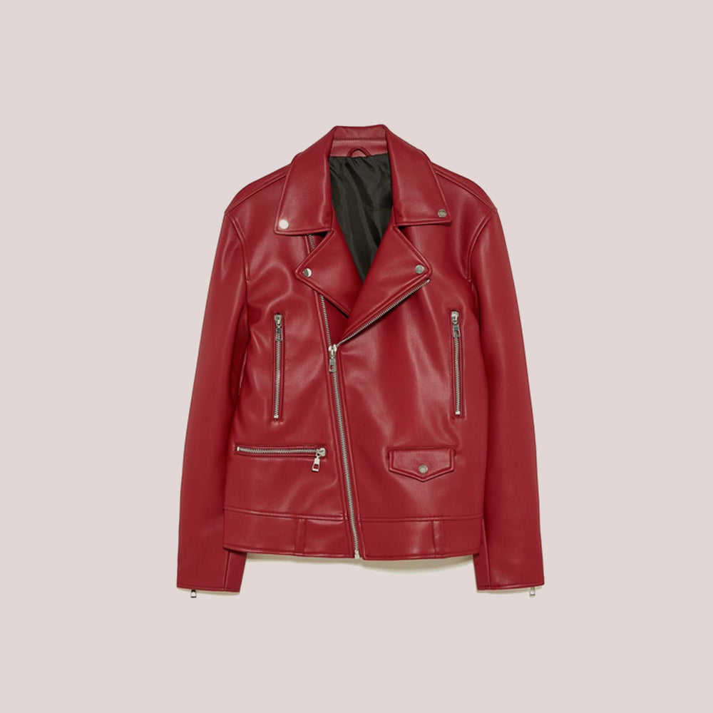 Women's Utility Red Leather Biker Jacket