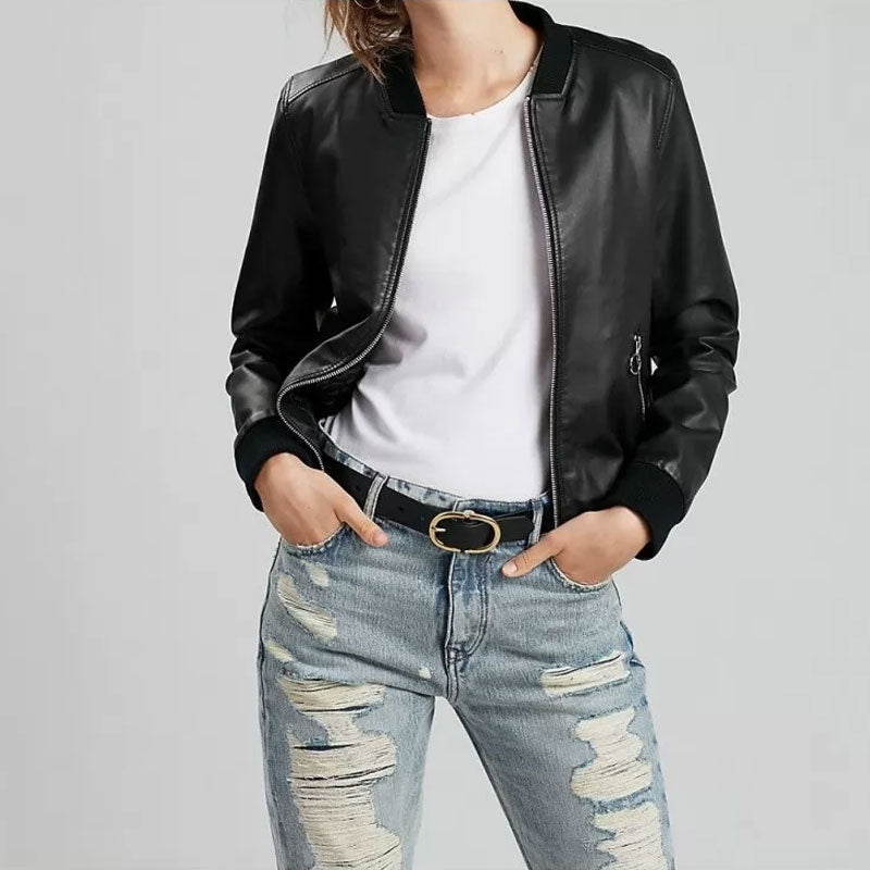 Women's Black Cropped Leather Bomber Jacket